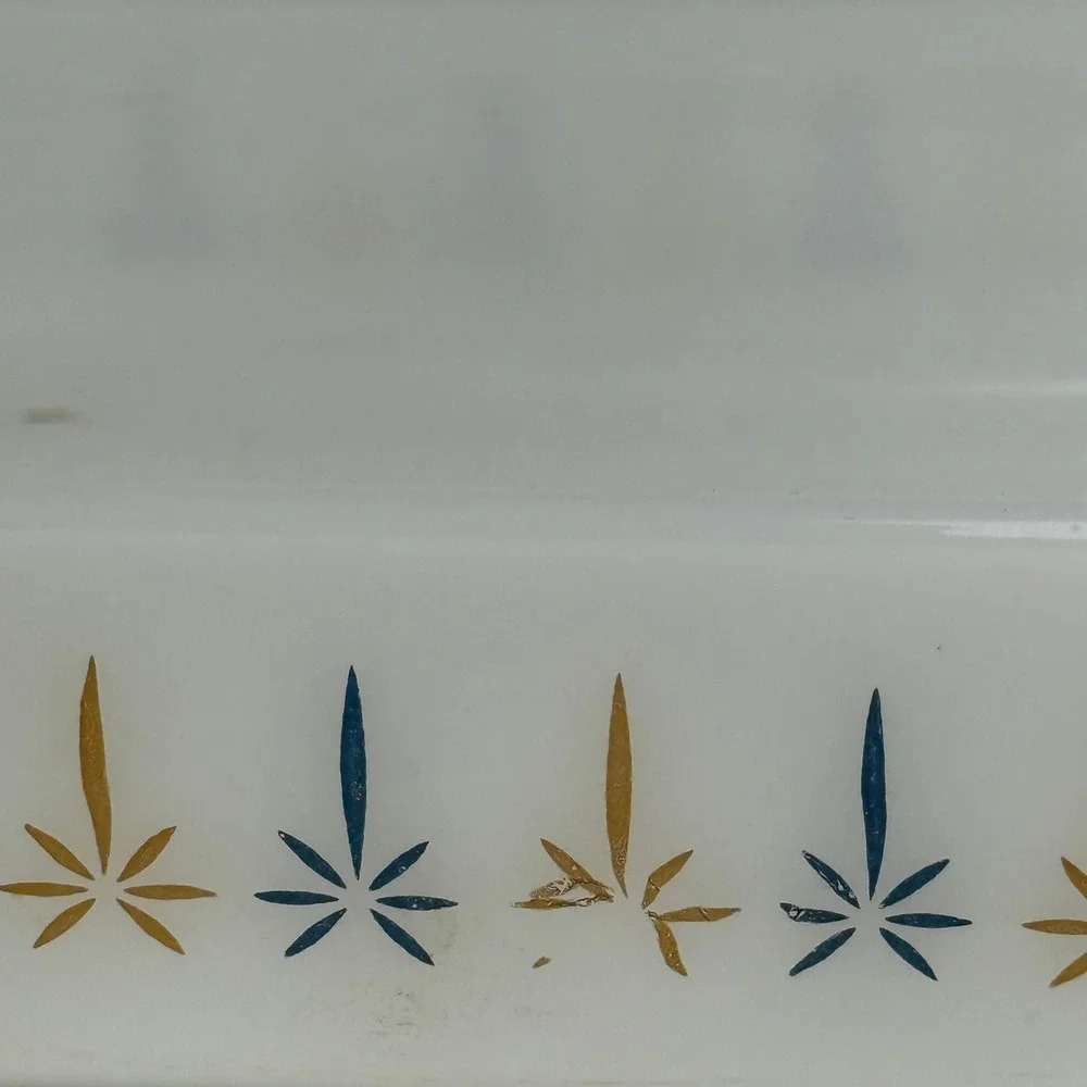 Vintage Fire-King Atomic Star Milk Glass Baking Dish Rectangular 1.5 Qt MCM
